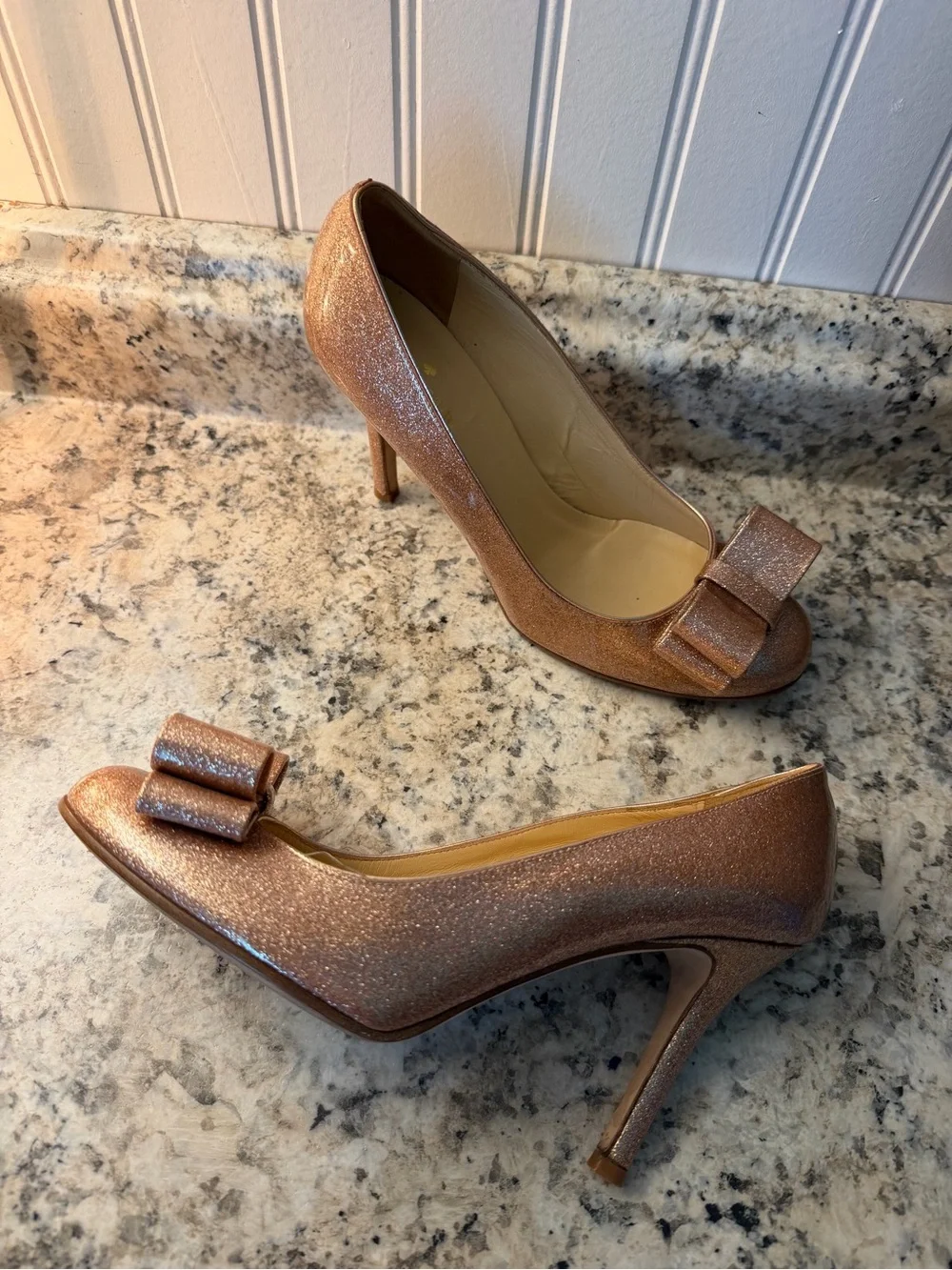 Kate Spade ♠️ Rose Gold Glitter Heels with Bow Wedding Princess Made in Italy